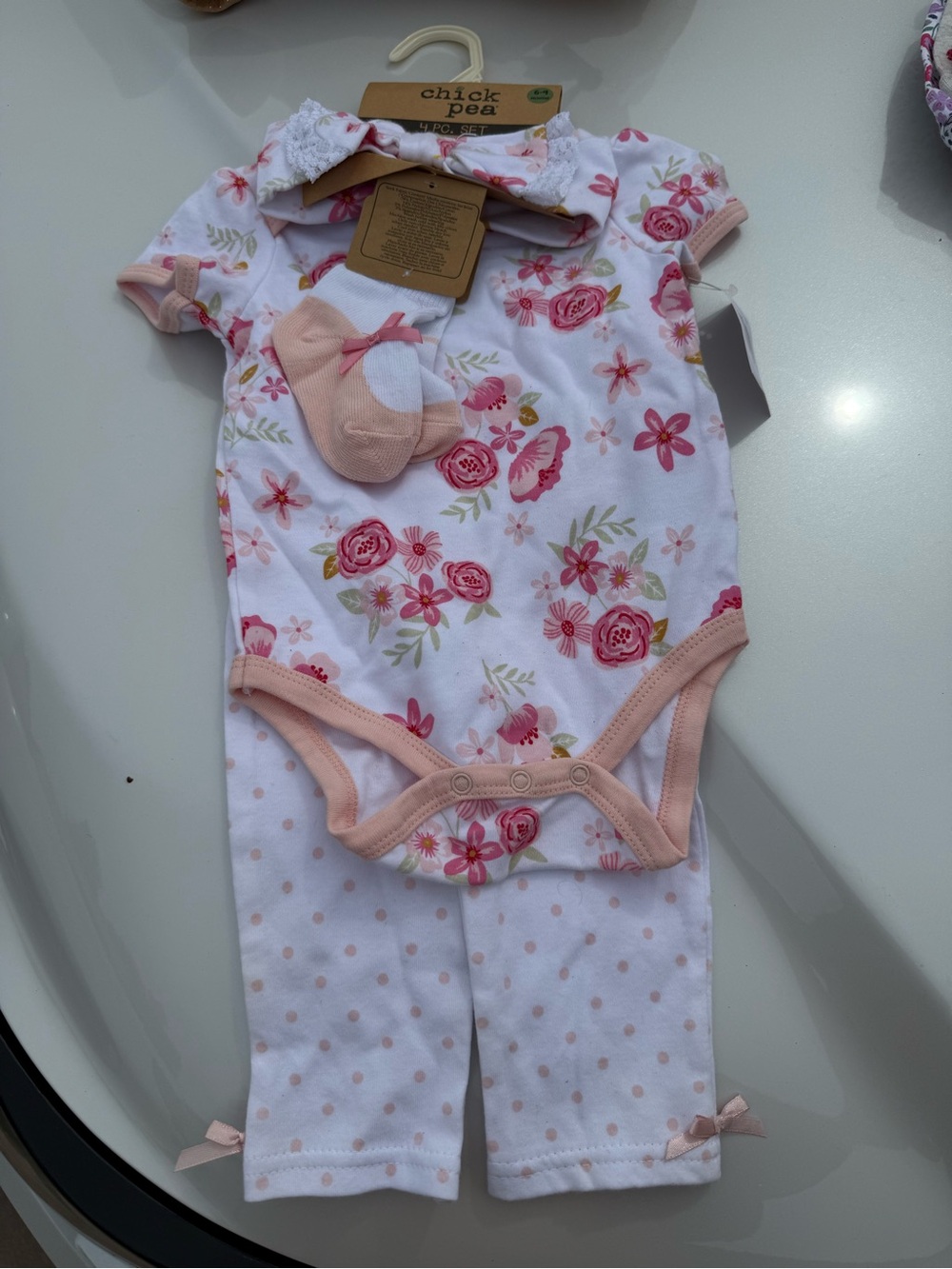 chick pea White & Pink Floral Baby One-Piece Set with Polka-Dot Pants
